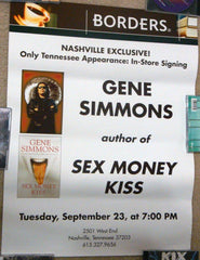 2003 RARE U.S. OFFICIAL ORIGINAL "GENE SIMMONS SEX MONEY KISS NASHVILLE, TN. BOOK SIGNING PLAYBILL POSTER"! NrMINT