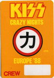 1988 KISS RARE ORIGINAL (UNUSED) '88 EURO CRAZY NIGHTS/MOR CREW SATIN PASS #3